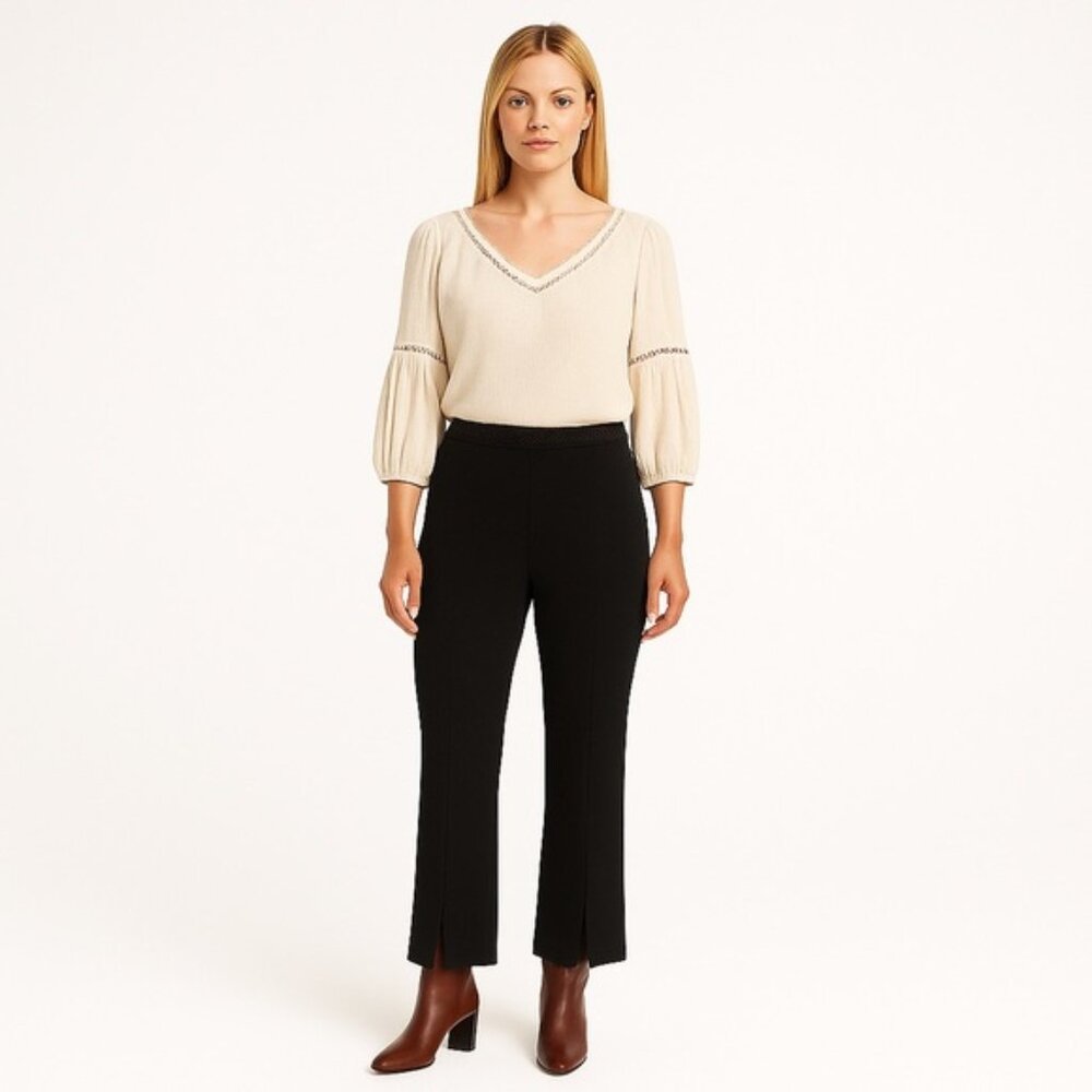 Unique Joseph Ribkoff black crochet waist split front seam stretch pants size 6